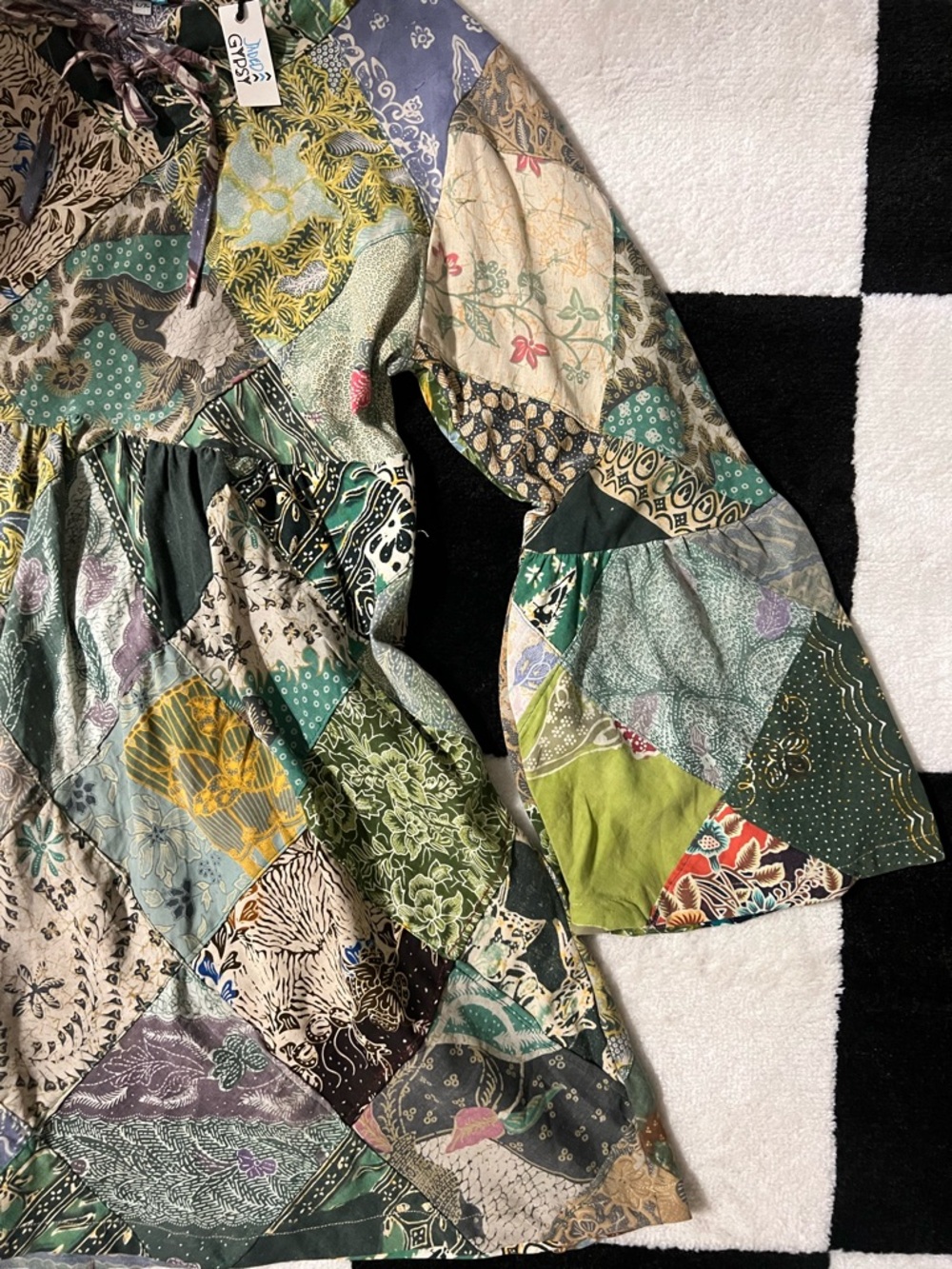 Boho Patchwork Green Multi Mini Dress with Bell Sleeves - Picture 4 of 5